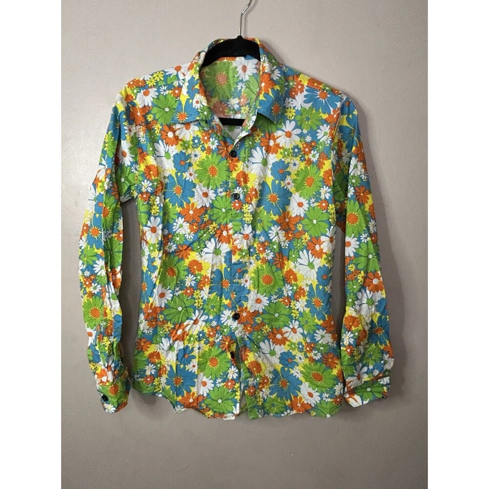 Jogal Button Up Shirt Hippe Green Blue Orange Floral - Men's Small